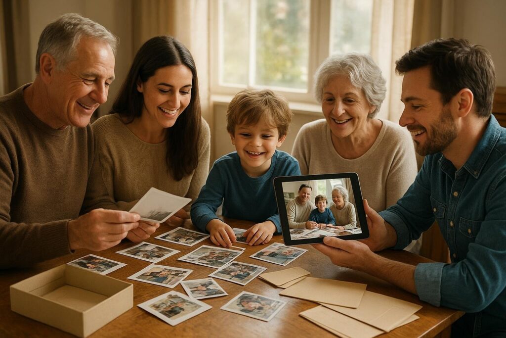 Family gathered at a dining table sorting printed photos and viewing home videos together on a tablet